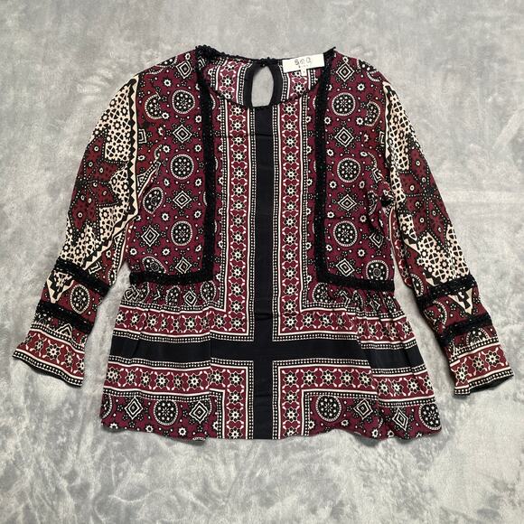 SEA New York Ezri Blouse Womens 4 Silk Blend Floral Boho Peplum Lattice Lace - Picture 1 of 11